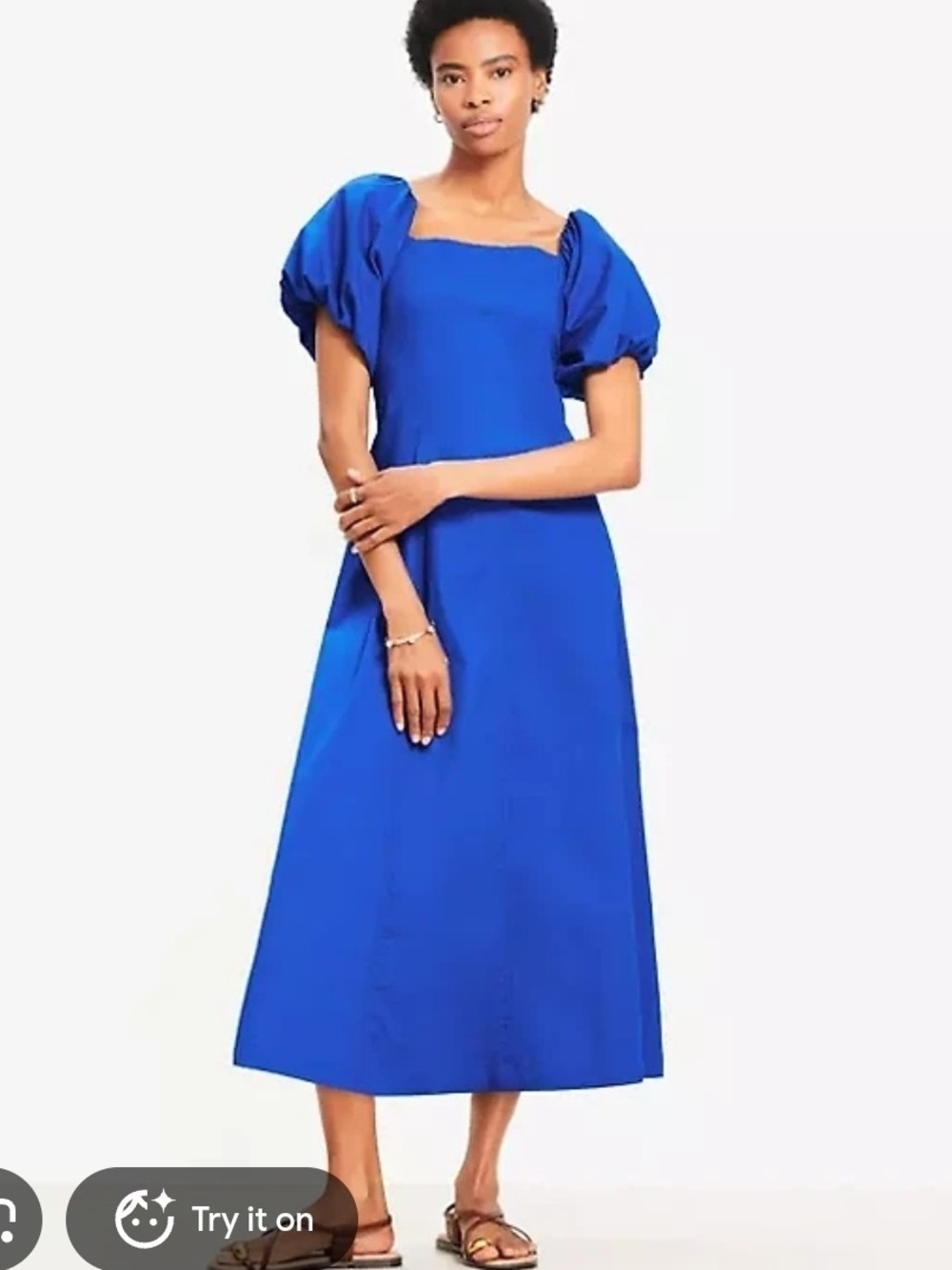 LOFT Women’s Seamed Blue Square Neck Puff Sleeve A-Line Midi Dress 10